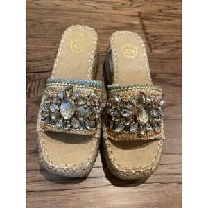 White Mountain Espadrille Sandals Womens 6M Wedge Slide Rhinestone Raffia